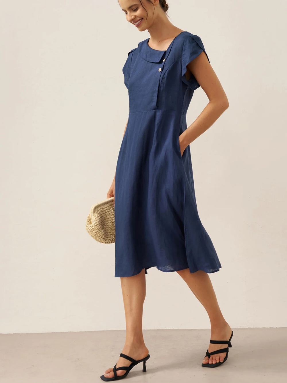 NEW Lintico Fiona Crescent Collar Flutter Sleeve Midi Dress XL Navy Lagenlook - Picture 4 of 16